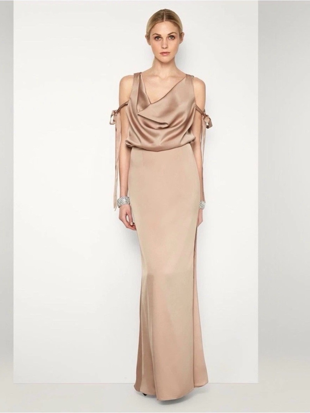 NEW Fame & Partners Women’s Satin Side Slit Champagne Dress Size 4 Bridesmaid